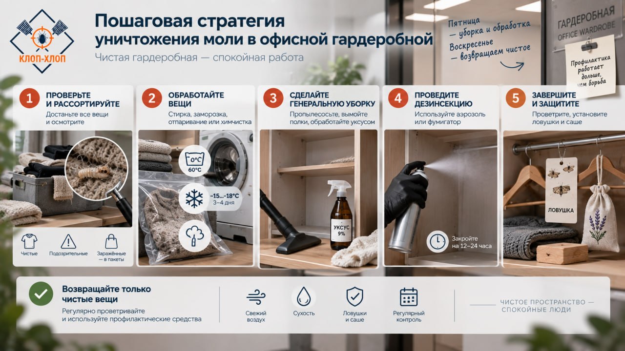 Пошаговая стратегия уничтожения моли в офисной гардеробной